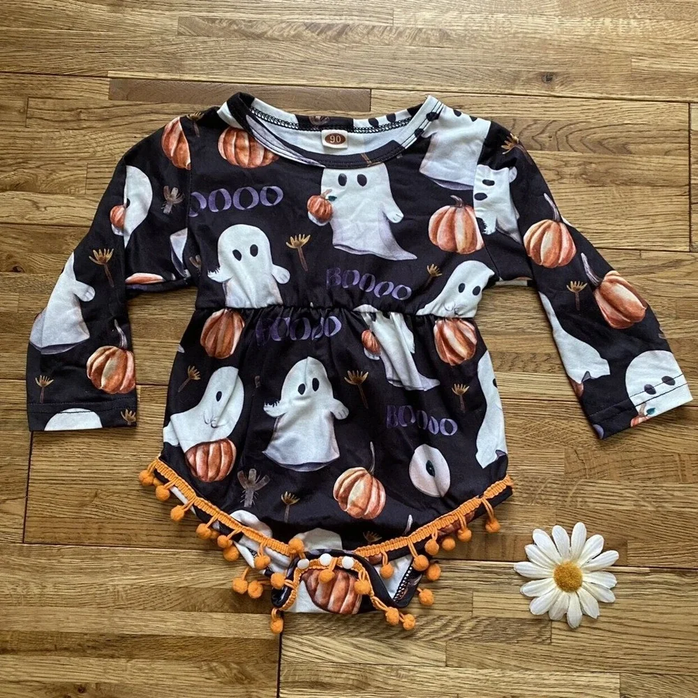 Halloween Ghost And Pumpkin‎ Romper With Pom Poms Size 90